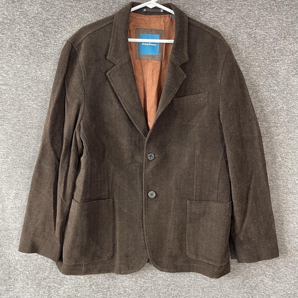 Tommy Bahama Blazer Mens Large Brown Herringbone‎ Cotton Wool Tweed Sport Coat